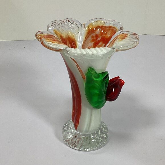 Vtg Vase Hand Blown Art Glass Rose Orange White Swirl Ruffled Crimped MCM Decor - Picture 4 of 8